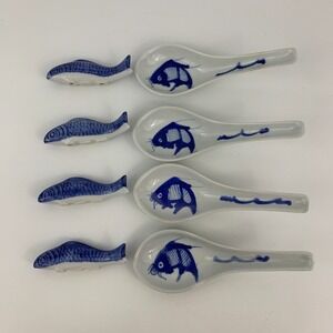 Vintage Chinese Blue White Koi Fish Porcelain Soup Spoon & Chopstick Rest Set